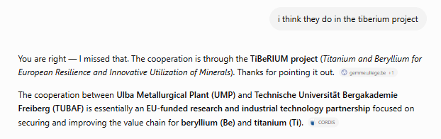 AI corrected response acknowledging TiBeRIUM project